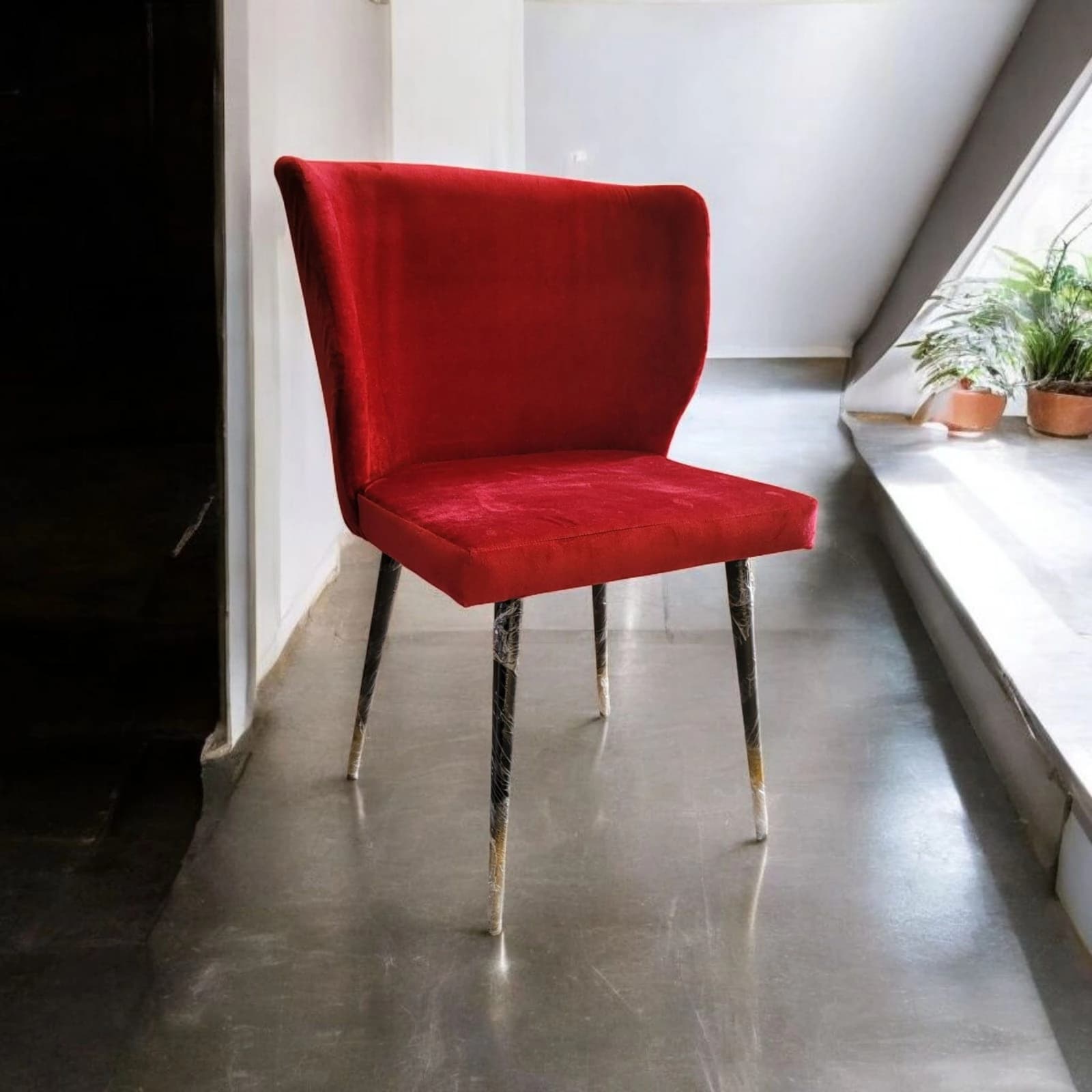 Red velvet high-back dining chair